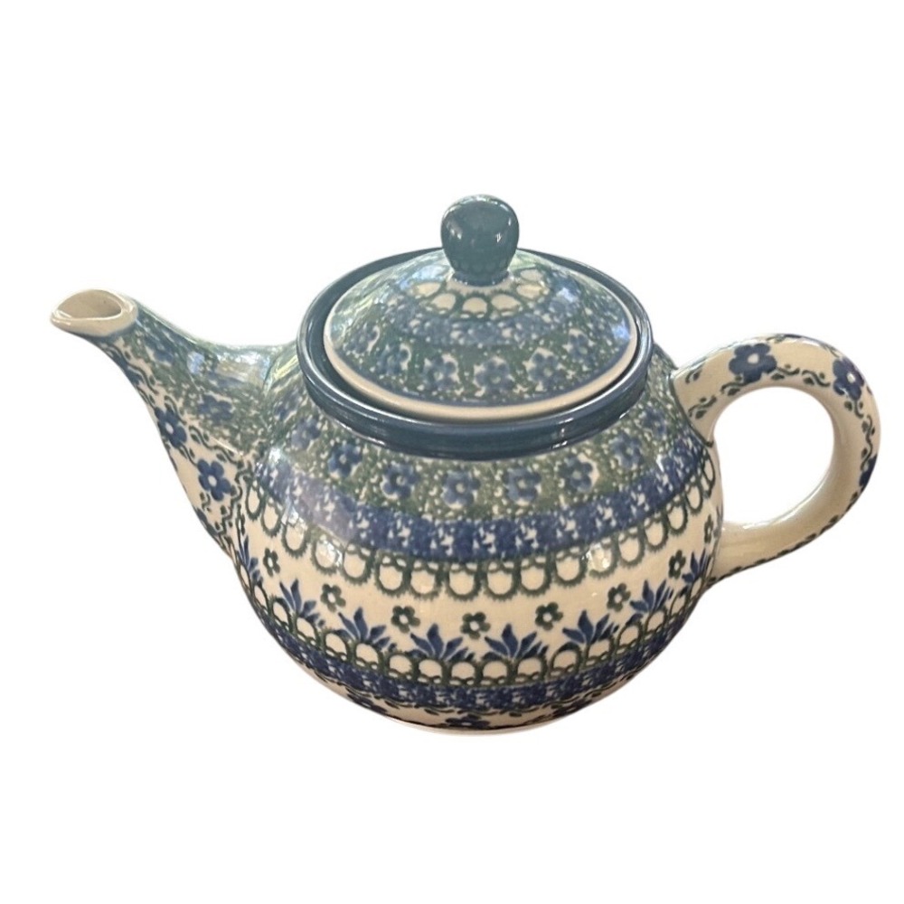 Polish Pottery Ceramika Artystyczna Teapot‎ Blue Floral Cottagecore Collectible